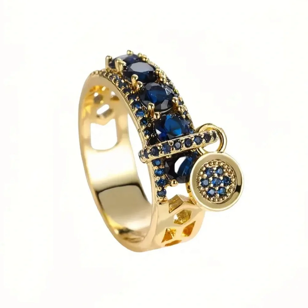 Trendy 18K Gold Plated Blue Sapphire Charm Ring Elegant Statement Band